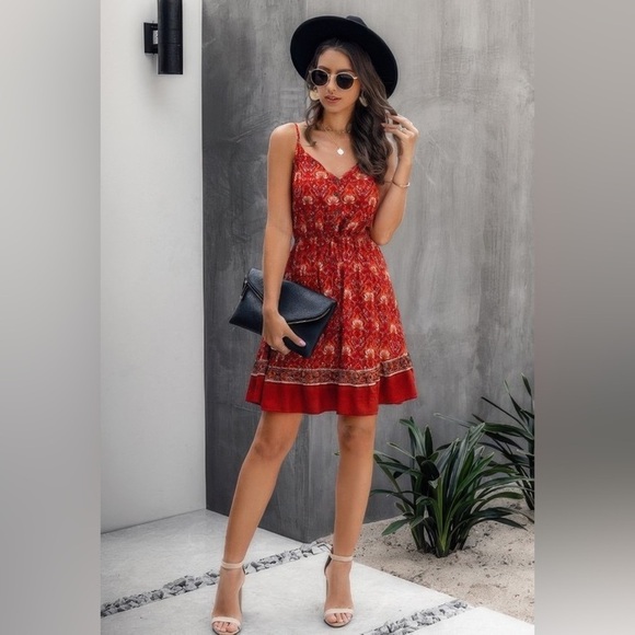 Red Floral spaghetti strap button down ruffle mini dress - Picture 3 of 3